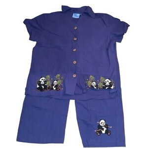 Jane Ashely Women’s 2 Pc Set Navy Blue Capri Pant Med Embroidered Panda Vintage